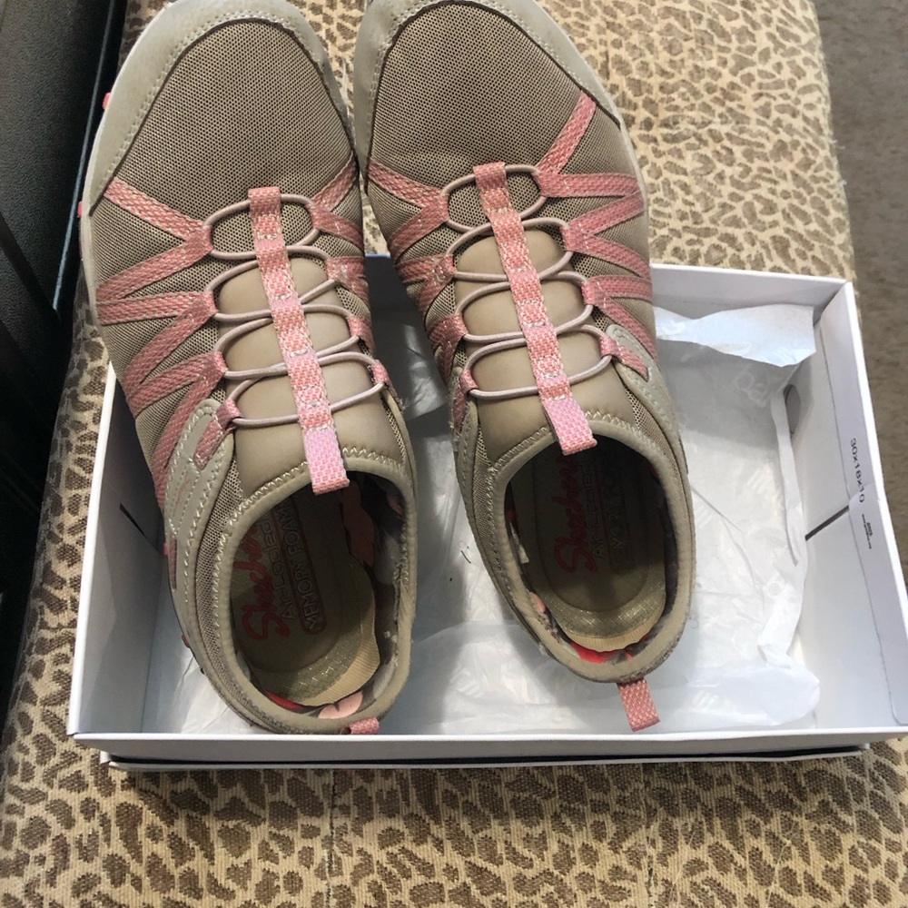 Skechers Taupe and Pink Slip-On Athletic Sneakers
